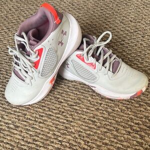Under Armour Gray and Coral Kids Basketball Sneakers